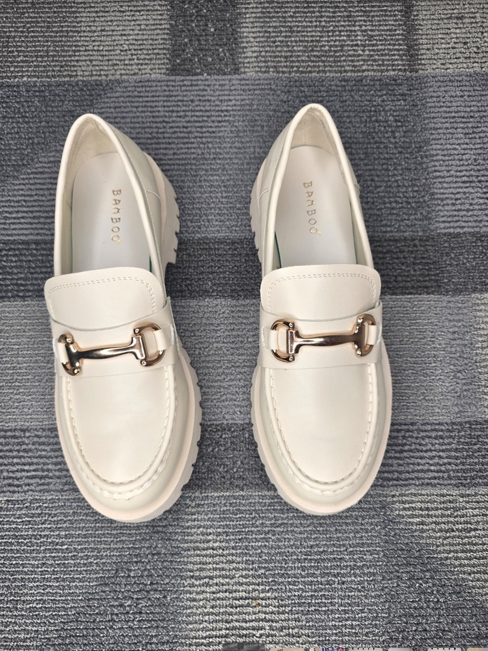 Bamboo Women's Hutch Cream Faux Leather Lug Sole Loafers with Gold Horsebit
